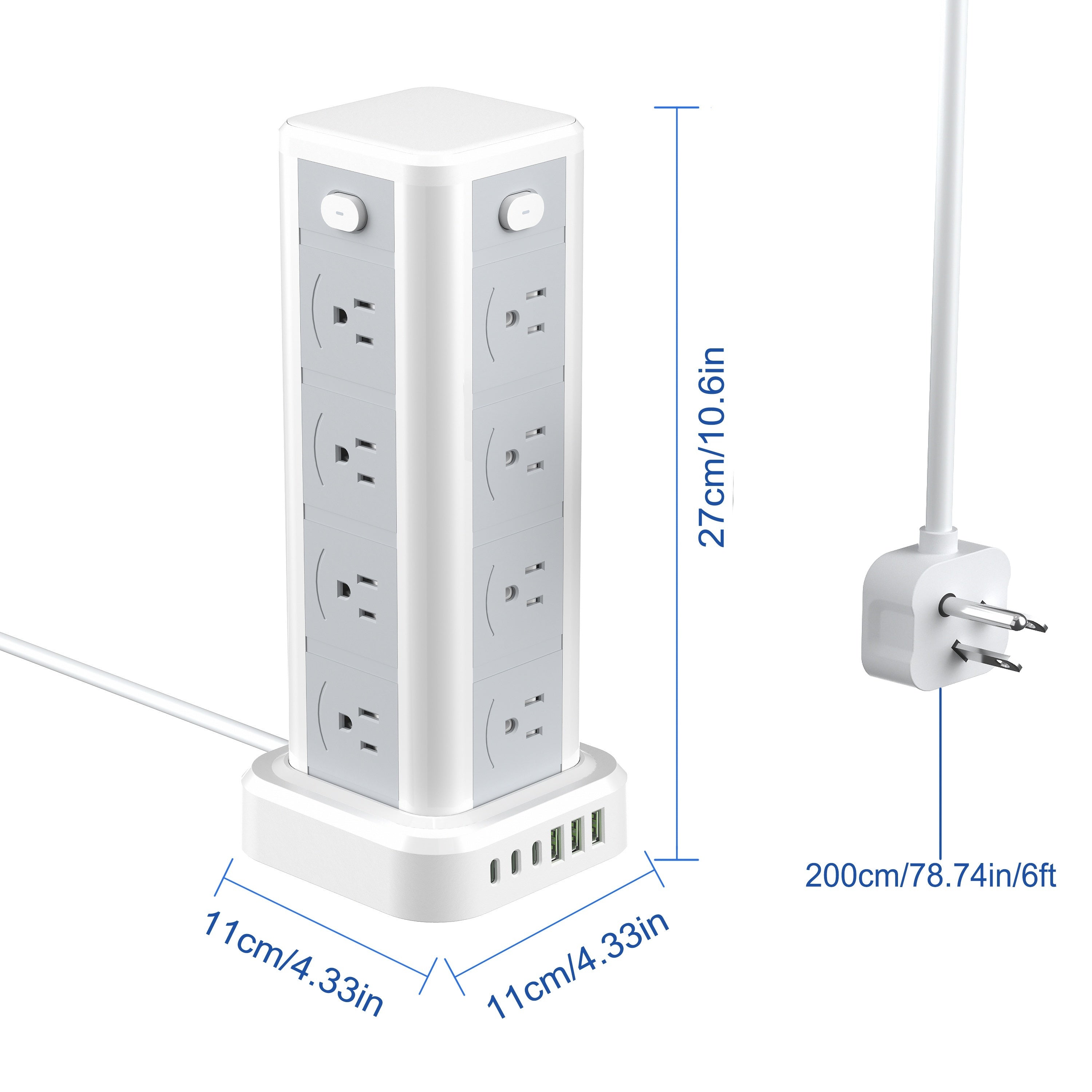 New Standing Power Strip/Power Strip/Socket, with 16 AC Sockets, 4 Independent Switches, 3 USB-A and 3 Type-C Ports, 2 Meters/6 Feet Extension Cord Power Strip and Surge Protector, Suitable for Home, Office, Kitchen, Garage and Dormitory Scenes