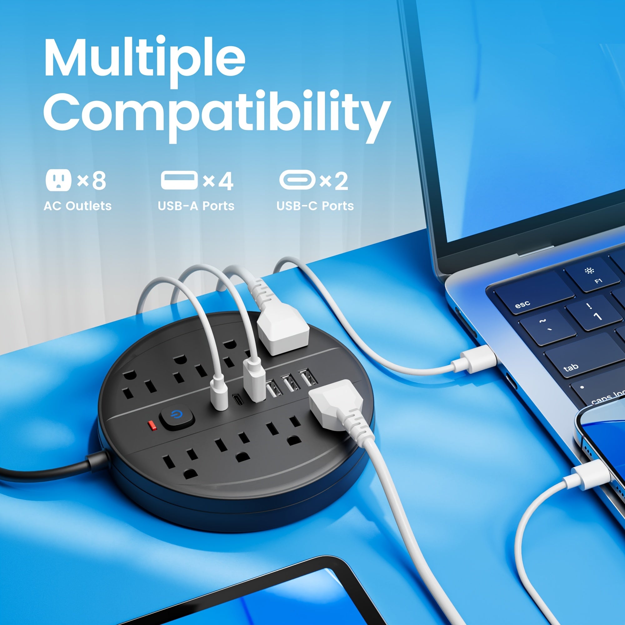 Heavy-Duty 14-in-1 Power Strip with Surge Protection, Overload Protection & One-Touch Switch - 8 AC Outlets (Including USB-Powered, 6 USB Ports (2 Type-C, QC3.0 Fast Charging) - Compact Wall-Mountable Extension Cord for Home, Office, Bedroom - Ideal for