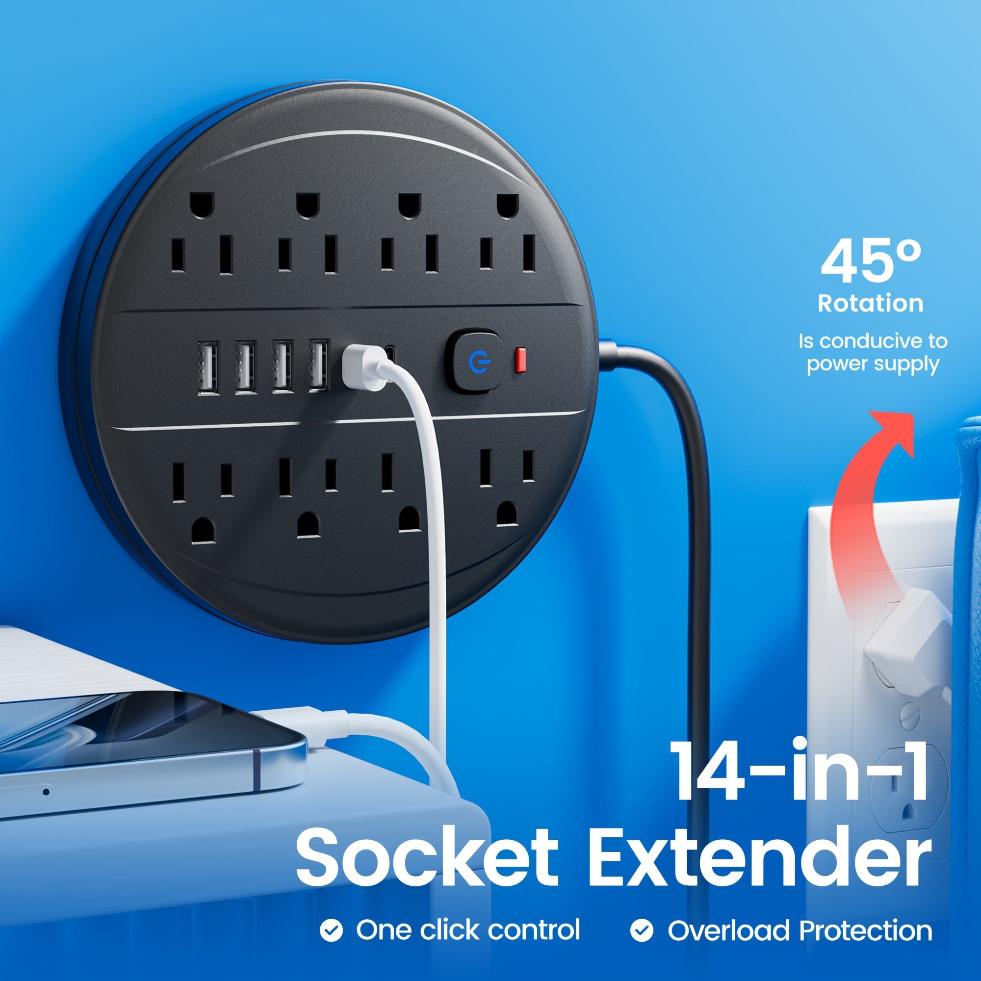 Heavy-Duty 14-in-1 Power Strip with Surge Protection, Overload Protection & One-Touch Switch - 8 AC Outlets (Including USB-Powered, 6 USB Ports (2 Type-C, QC3.0 Fast Charging) - Compact Wall-Mountable Extension Cord for Home, Office, Bedroom - Ideal for